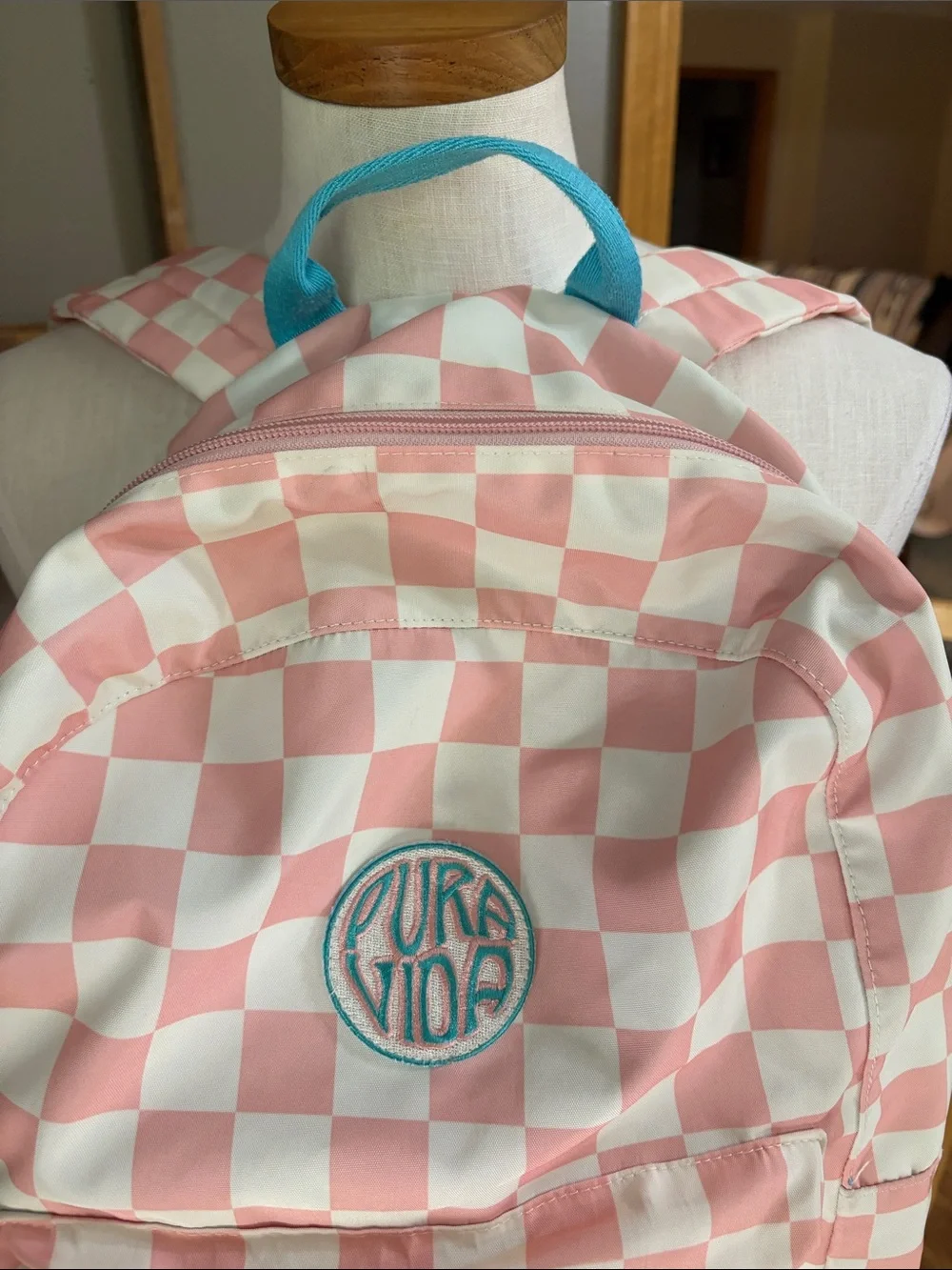 Pura Vida Pink and White Checkerboard Backpack with adjustable straps